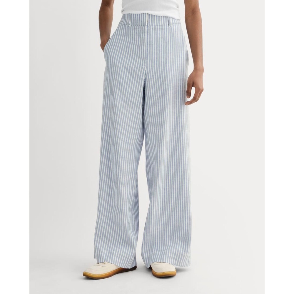 Everlane Wide Leg Pants Women Size 4 Blue White Striped Stretch Linen Flax NEW